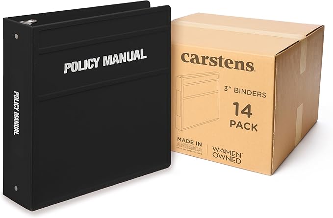 Carstens 3-Inch Heavy Duty Round Ring Binder for Policy Manuals – Side Opening, Black, Case of 14, Durable Plastic, No Pockets, Holds 400 Sheets, Made in USA (1761-3RCS)