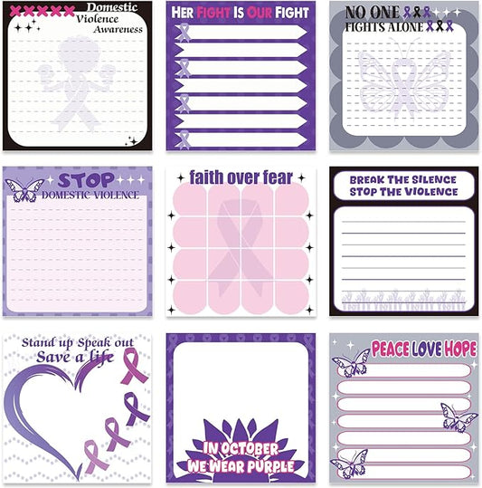 Lovarywow Domestic Violence Awareness Sticky Notes Gifts, 9 Pack Domestic Violence Prevention Month Notepads 3x3 Inch, Purple Ribbon Post Memo Pads Office School Supplies for Men Women (450 Sheets)