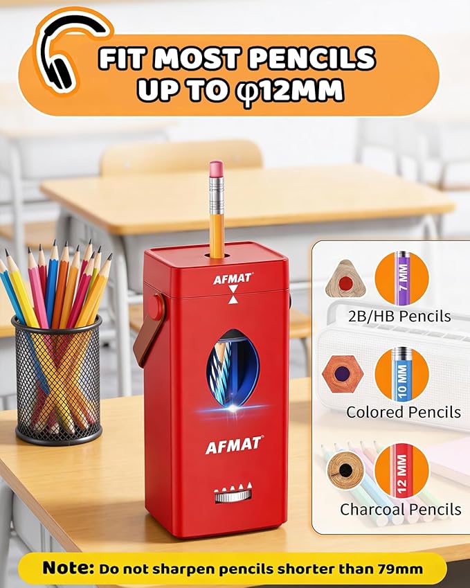 AFMAT Electric Pencil Sharpener, Rechargeable & Cordless, Fully Automatic Pencil Sharpener for Classroom, Auto in & Out, 5 Sharpness Modes, Heavy Duty Sharpeners for 6-12mm No.2/Jumbo Pencils PSC7