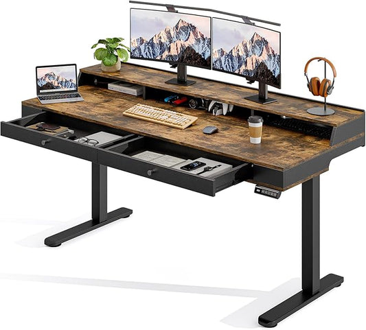 ONBRILL Standing Desk with Drawers, 55x23.6 Electric Stand Up Desk with Storage Shelf and Memory Controller, Sit Stand Desk Adjustable Height from 28-46" for Computer Workstation, Rustic Brown