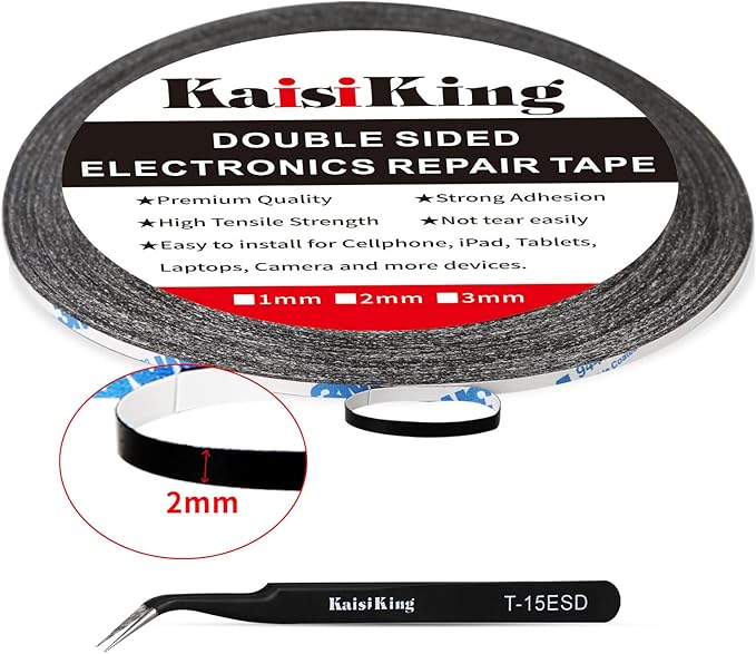 Kaisiking 2mm / 3mm x 50M LCD Screen Repair Tape Cell Phone Adhesive Tape Thin Double Sided Tape Adhesive with 1 Tweezers for Cell Phone, iPad, Tablets, Laptops, Camera, LCD Screen Repair