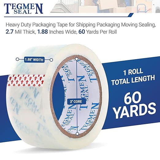 TegmenSeal Heavy Duty Clear Packing Tape with Dispenser Combo for Shipping, Moving & Storage,Thicker Clear Packing Tape, 1.88 inches Wide, 60 Yards Per Roll, 36 Pack 2160 Total Yards