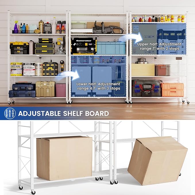 ALANNG 40" W Foldable 5-Tier Storage Shelves with Wheels, Adjustable & Removable Metal Rack, Heavy Duty Rolling Organizer for Kitchen, Garage, Closet, Pantry, and Office (White,2 Pack)