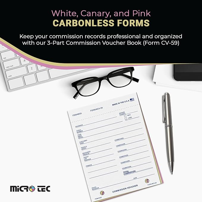 Commission Voucher Book CV-59-3 Part Carbonless Forms, Triplicate NCR Receipt Book, Snap-Out Pre-Punched with File Holes Commission Vouchers, Blue Ink, 4.25 x 5.625 Inch - Pack of 100