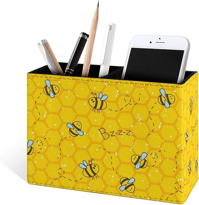 Famame Honeycomb Cute Bee Pencil Holder for Desk, Leather Desktop Container Pen Cup Storage Study Table Pen Organizer Makeup Brushes Holder for Office Home