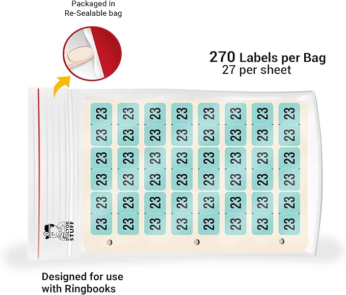 2023 Year Stickers, Doctor Stuff 2023 Chart Stickers, Aqua/Black Colored, Ringbook Sheets, Reynolds & Reynolds Style, USA Made Year Labels for End Tab File Folders, 270/Package, 3/4" x 1-1/2"