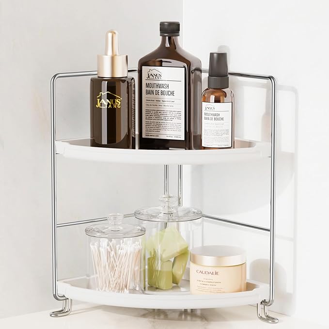 JANUS LiANG 2-Tier Corner Bathroom Countertop Organizer, Tiny Counter Corner Shelf Skincare Makeup Perfume Organizer and Organization for Kitchen (White)