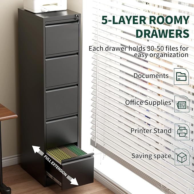 Yukimo 5 Drawer File Cabinet with Lock, Vertical Filing Cabinets for Home Office, Locking File Cabinet Hanging Files for A4/ Legal/Letter, Require Assembly, Black