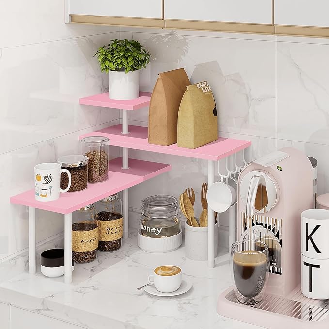 Homode 3-Tier Counter Organizer Shelf for Bathroom, Corner Shelf for Countertop, Over Sink, Make Up, Dresser Table, Desktop - Pink