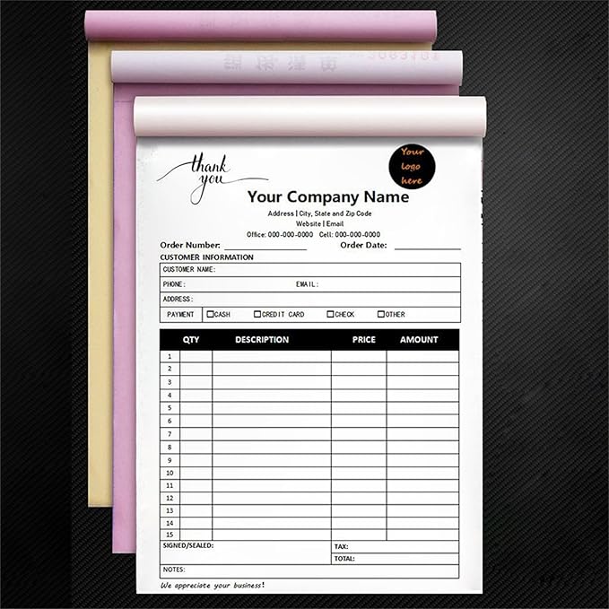 Custom Invoice Book in 3-Part /2-Part Receipt Book with Carbon Copies Personalized Carbonless Service Invoice Form Books Sales Order Book with Company Name Logo Address,C3-Thank You Receipt