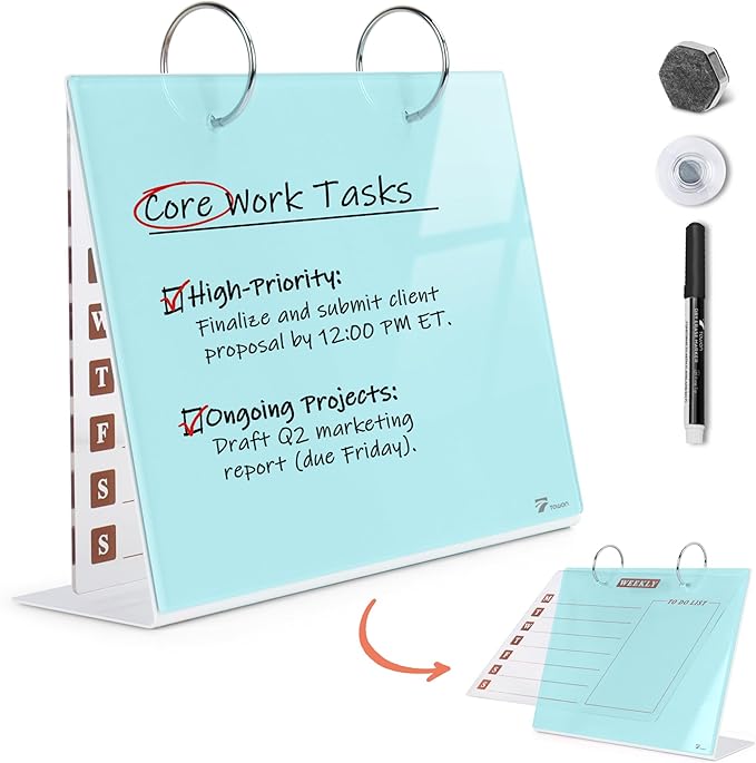 Desktop Glass Dry Erase & Acrylic Aesthetic Calendar Weekly to-do List Combo, Small Magnetic Standing Whiteboard, Desk Flip Easel Calendar with Accessories for Home Office Supply, Aqua Blue, 9 x 7''