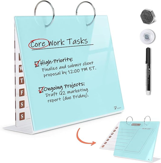 Desktop Glass Dry Erase & Acrylic Aesthetic Calendar Weekly to-do List Combo, Small Magnetic Standing Whiteboard, Desk Flip Easel Calendar with Accessories for Home Office Supply, Aqua Blue, 9 x 7''