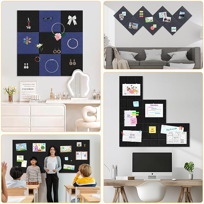 Smarpau Large Cork Board for Walls, 12 Pack Square Bulletin Board, 48"x36" Pin Board with Pushpins Removable Security Stickers, Felt Wall Tiles for Office Home Decoration-Deep Blue