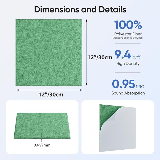 UNECHO 12 Pack 12" X 12" X 0.4" Acoustic Panels for Wall Sound Absorbing, Square Self-Adhesive Sound Panel, High Density Suitable for Multiple Scenarios(Forest Green)
