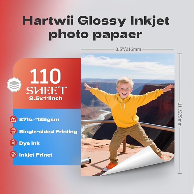 HARTWII Glossy Photo Paper 8.5x11 Inches, 110 Sheets Thin Inkjet Paper,135gsm 37lb Photo Paper for Inkjet Printer with Dye Ink for Brochures Flyers Custom Chip Bag Party Favors