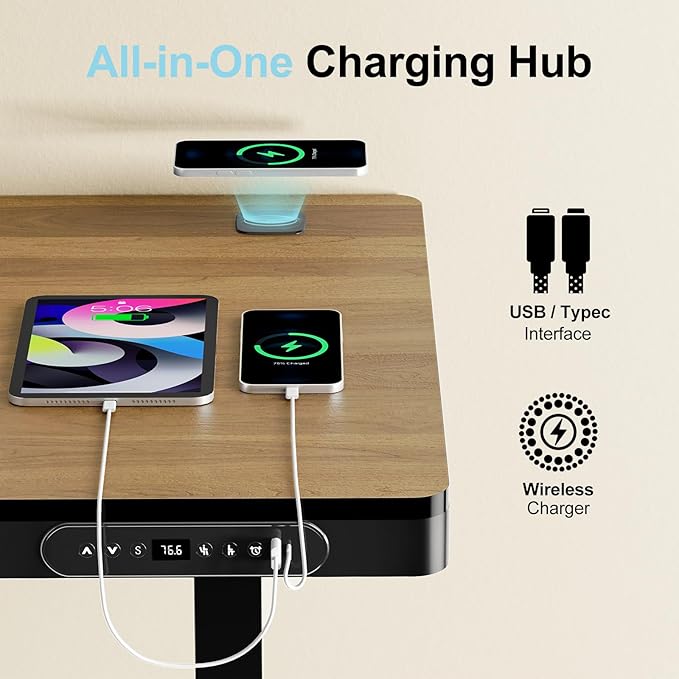ERGO COLLECT Electric Standing Desk 48 Inch - One-Piece Desktop with Drawer, Cable Management, Wireless Charging & USB Port, Quiet Motor - for Home Office, Walnut