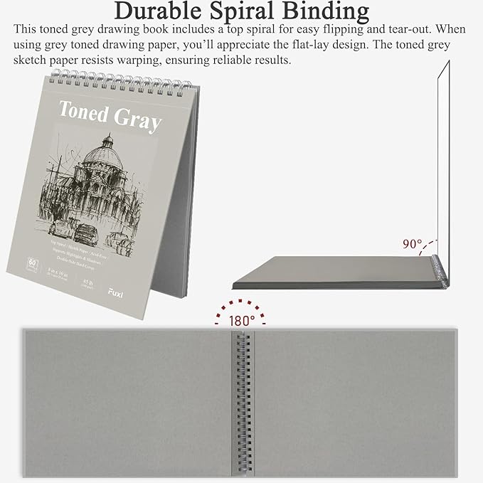 Fuxi Toned Gray Sketchbook 8x10, 60 Sheets (85lb/130gsm) Acid-Free Drawing Paper, Spiral Bound Sketch Pads for Drawing, Pencil, Charcoal, Colored Pencils & Anime Illustration.