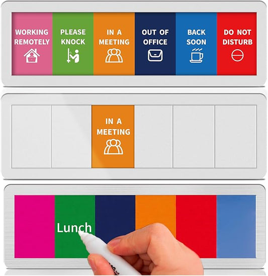 Office Door Signs with 6 Printed Status Options – Do Not Disturb, Out of Office, In a Meeting, Please Knock, Work from Home, Back Soon – Includes Custom Personalized Blank Sticker for Privacy Workspace or Studio Available and Away