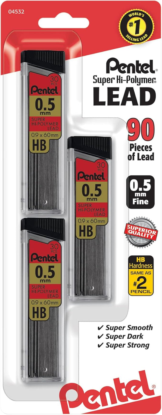 Pentel Super Hi-Polymer Lead Refills, (0.5 mm), Fine, HB, Pack of 3, 90 Pieces of Lead (C25BPHB3-K6)
