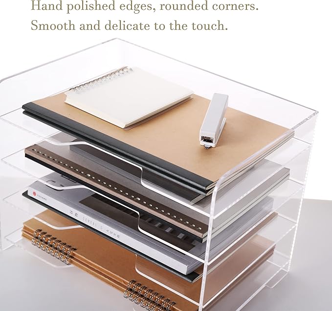 HeZone Acrylic Desk Organizer, 4 Tier Paper Tray, Clear Letter Tray, Office Accessories