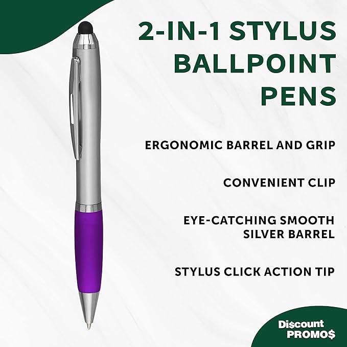 DISCOUNT PROMOS Stylus Ballpoint Pens Set of 10, Bulk Pack - Black Ink, Great for Office, School, Business, Tradeshows, Events - Purple