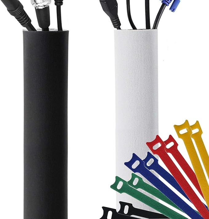 Premium 120" Cable Management Sleeve, Best Cords Organizer for TV On Wall, Computer, Office, DIY Adjustable Reversible Black and White Neoprene Cord Hider Wire Cover Concealer Wrap with Free Zip Ties