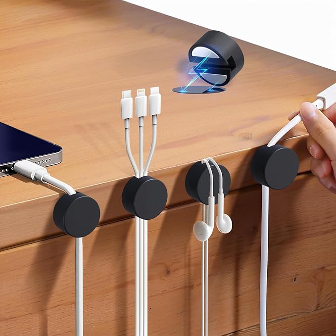 Maveek Magnetic Cord Clips Black, Silicone Cord Organizer Magnet Cable Holder Charging Cable Management Cord Keeper with Adhesive Metal Disc (5 Piece, Large Size)