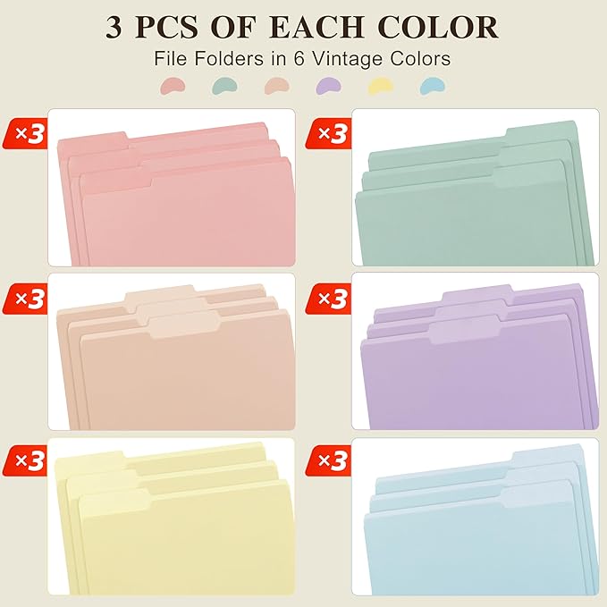 Color File Folders, 1/3-Cut Tabs, Letter Size, 6 Colors Organizer File Folders for School Home Office Business (18, Pastel Colors)