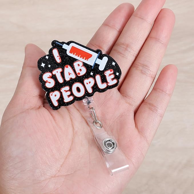 I Stab People Funny Nurse Badge Reel, Retractable ID Card Phlebotomist Badge Holders, Medical Badge Clip for RN LPN CRNA ICU ED Blood Draw Lab Resident Physician Phlebotomy Department, Nurse Gifts