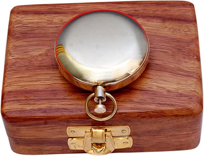 Bazross Brass Nautical Compass with Wooden Case - Antique Brass & Copper Sun Clock for Camping, Hiking, Touring - Engraved Gift for Him - Nautical Clock - Compass Gift