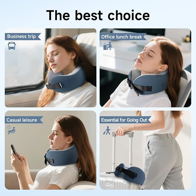 SPRFUFLY Soft Travel Pillow, 100% Memory Airplane Pillow with Sleep Mask and Ear Plugs, Breathable Removable Cover & Ergonomic Design - Essentials Neck Pillow for Airplane, Office & Home Use