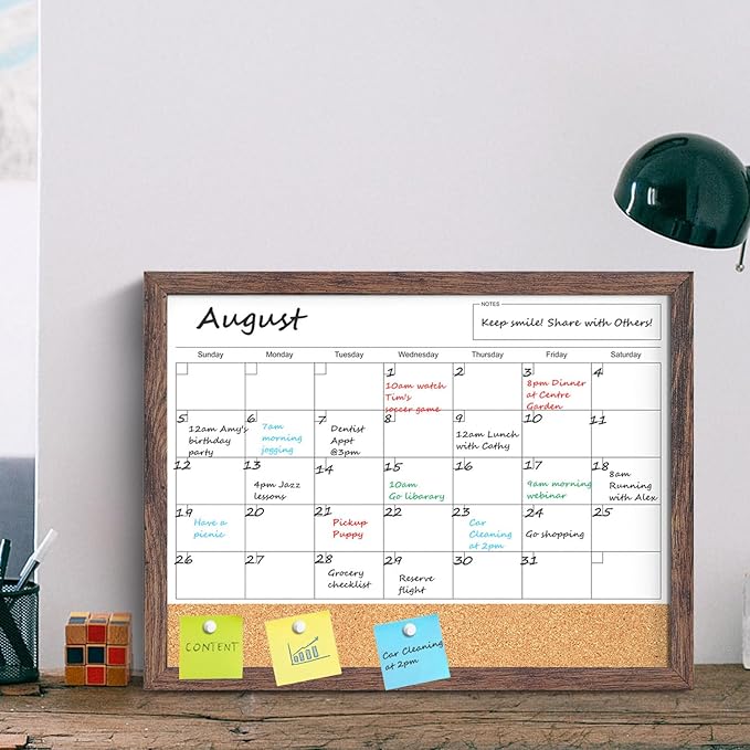 Calendar Whiteboard for Wall, 18x24 Inches White Board Calendar Dry Erase, Magnetic White Board with Wood Frame, Hanging Dry Erase Board for Kitchen Home Office School Planner