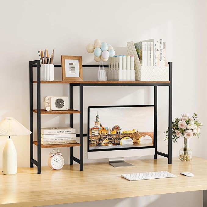 Snughome Desk Shelf, 38.6" Desktop Organizer Shelf, Desk Hutch for Computer Monitor, 4 Tier Desk Display Rack, Wood Desktop Bookshelf Storage Rack for Home Office Dorm, Rustic Brown | Desk Hutch, Computer Monitor, Desktop Display Rack, Home Office Dorm