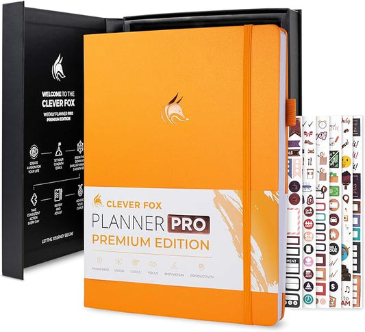 Clever Fox Planner Pro Premium – Luxurious Weekly & Monthly Planner with Budget Organizer for Productivity & Goals, Undated, A4 (Amber Yellow)