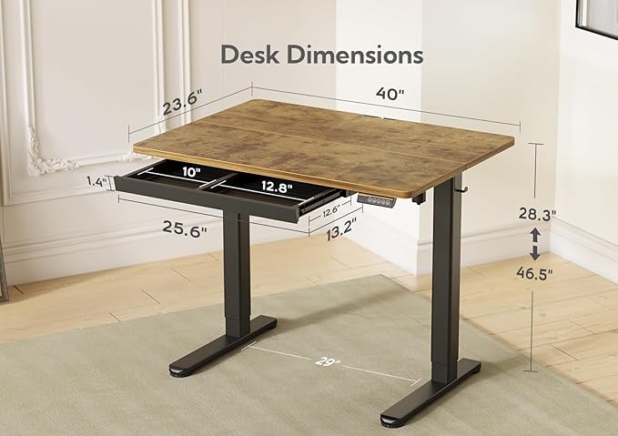 Claiks Standing Desk with Drawers, Electric Standing Desk Adjustable Height, Stand Up Desk Computer Workstation, 40 Inch, Rustic Brown