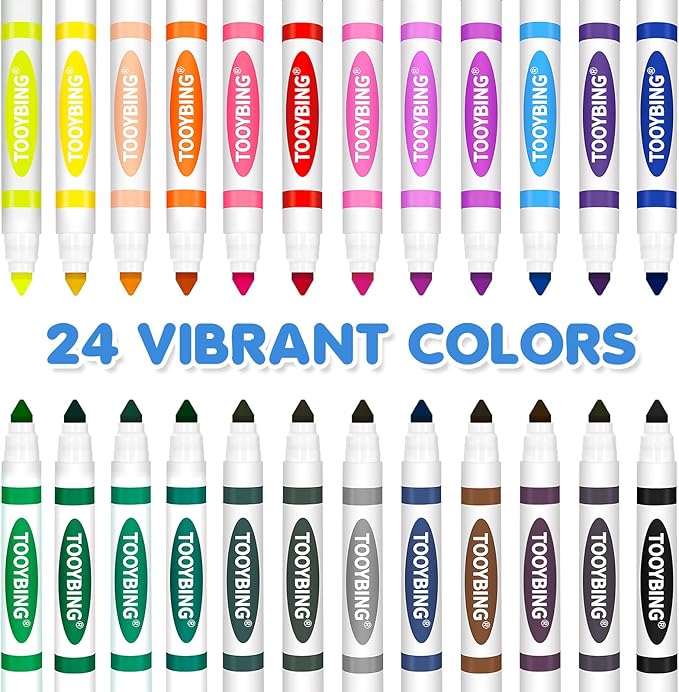 TooyBing 24 Color Washable Markers, Colored Washable Markers for Kids, Broad Tip Durable for Coloring Book, Back to Classroom Art School Supplies for Students Teachers Children