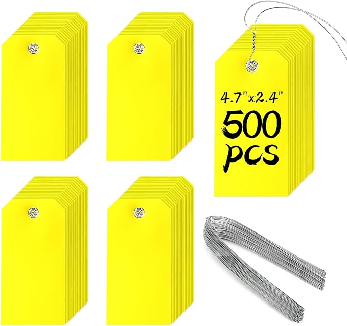 500 Pieces Plastic Shipping Tags with Wire Waterproof Hang Tags Heavy Duty Labeling Tags with String Wires Tags Labels Labeling Tags Stacking Tags for Equipment Car Parts (Yellow, 4 3/4 x 2 3/8)
