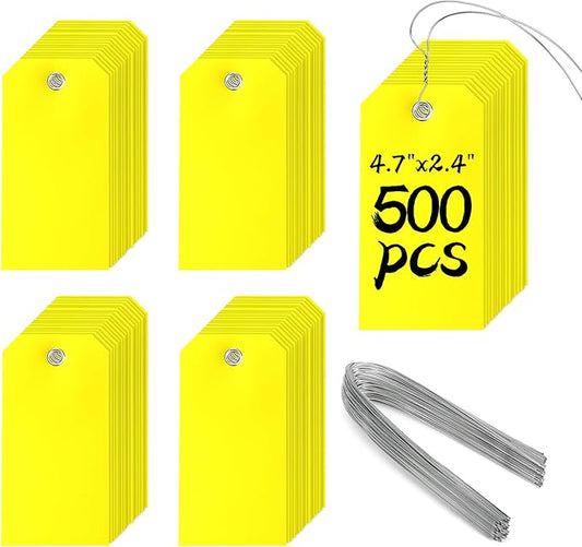 500 Pieces Plastic Shipping Tags with Wire Waterproof Hang Tags Heavy Duty Labeling Tags with String Wires Tags Labels Labeling Tags Stacking Tags for Equipment Car Parts (Yellow, 4 3/4 x 2 3/8)