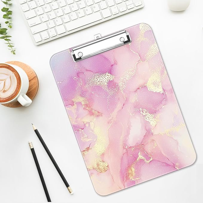 Luminzo Plastic Cute Clipboard Low-Profile Metal Clip, A4 Letter Size 9 x 12.5 in, 8.5 x 11 Paper Clip Board for Teachers, Nurses, Classroom,Pink Gold Marble