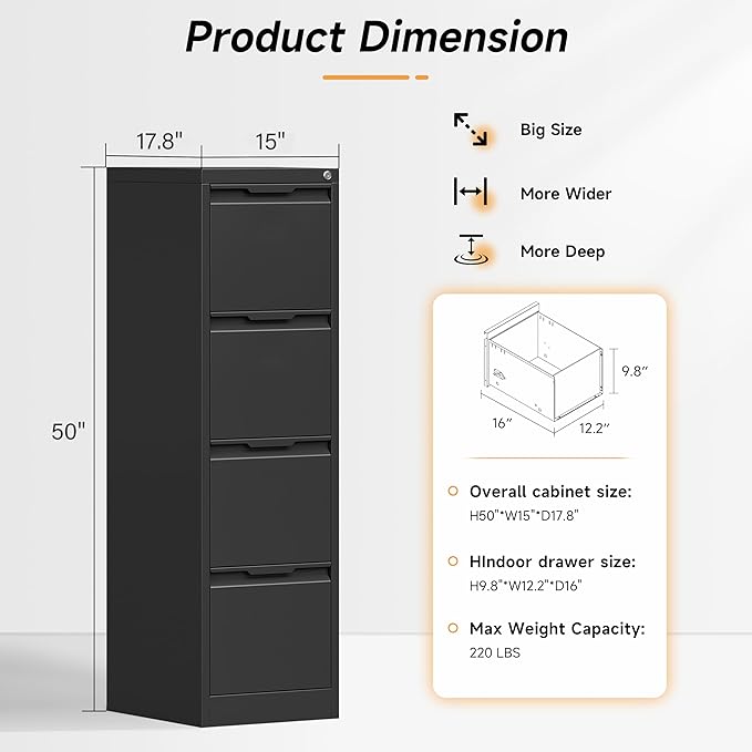 Bestoo 4-Drawer File Cabinet with Lock, Metal Filing Cabinet for Home Office, Vertical Filing Storage Cabinets, Fits File Folders, Letter/Legal/F4/A4 Size, Assembly Required (Black)