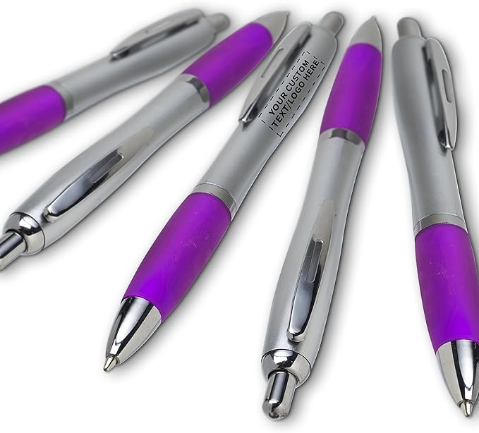 DISCOUNT PROMOS Personalized Ballpoint Pens With Rubber Grip, 10 pack Customizable Ergonomic Click-to-Write Custom Writing Pens for School with Black Ink, Purple