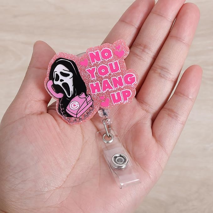 BVIIE No You Hang Up Funny Ghost Badge Reel, Retractable ID Card Pink Badge Holder, Name Tag Medical Work Badge Clip for ED ICU Surgery Nurses Station RN MA CNA ER Night Shift Nurse Doctor