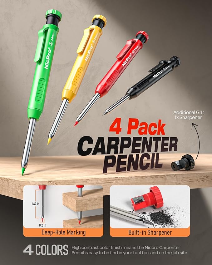 Nicpro 4 Pack Carpenter Pencils with Sharpener, Construction Mechanical Pencil Set with 52 Refills, Heavy Duty Working Tools, Long Nib Marker Pens for Architect Marking (Red, Black, Yellow, Green)