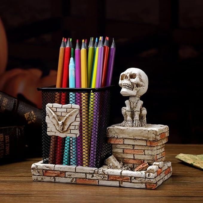 Daisylily Skull Pencil Holder, Skeleton Pen Cup, Mesh Pen Holder for Desk Office Pen Organizer, Pencil Cup Storage Containers