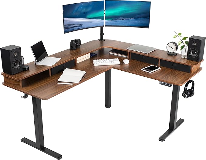 VIVO Electric 2-Tier Corner L-Shaped 63 x 55 inch Standing Desk, Height Adjustable, Memory Controller, Dark Walnut Top Black Frame, Black Drawers, DESK-E3CVD