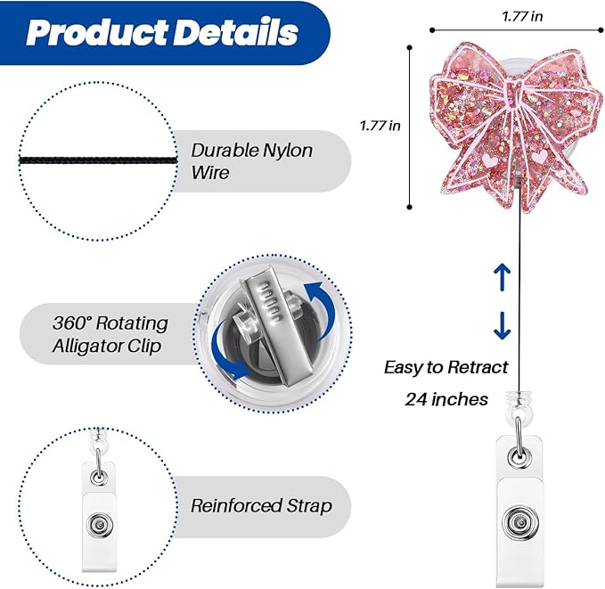 Cute Pink Bow Badge Reel | Retractable ID Card Badge Holder | Name Tag Work Badge Clip for RN LPN CNA MA ER Night Shift Nurse Nursing Student Doctor Teacher | Nurse Gifts | Acrylic｜Alligator Clip