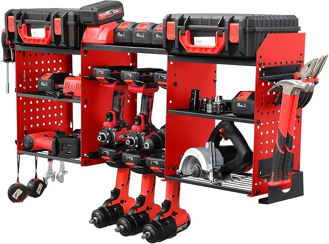 ERVNYNT 3 layers power tool organizer Loads 150lbs with 6 Cordless Drill Holder and 6 Outlet Power Strip,it’s good choice for husband birthday gift,red