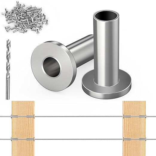 Steel DN Mate 200 Pack Stainless Steel Protector Sleeves for 1/8" Wire Rope, Cable Railing Hardware for Deck/Cable Railing System, T316 Marine Grade, Cable Sleeves Come with a Drill Bit DE05