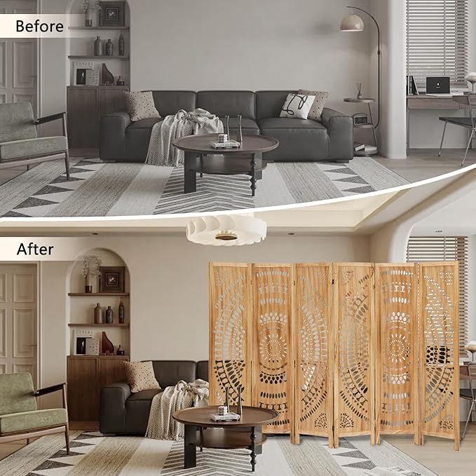 ALeesing 6 Panel Wood Room Divider Fully Assembled, Decorative Room Dividers and Folding Screens, 5.6Ft Room Divider Screen Freestanding Partition Wall Dividers for Home Bedroom Office, Light Brown