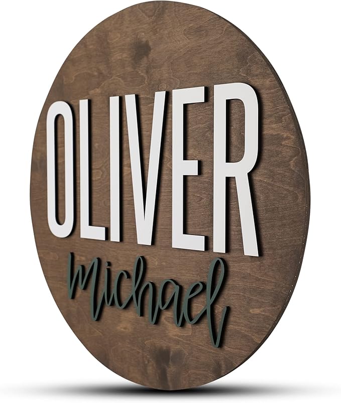 Custom Round Nursery Name Sign, Personalized Wooden Wall Plaque, 12" 18" 24", 30" 3D Wall Art for Children & Kids Rooms, Baby Shower, Hickory Hollow Designs (Oliver Michael)